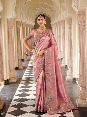Peach Ziraf Traditional Saree with Silk Blouse & Embroidery Work - 7808